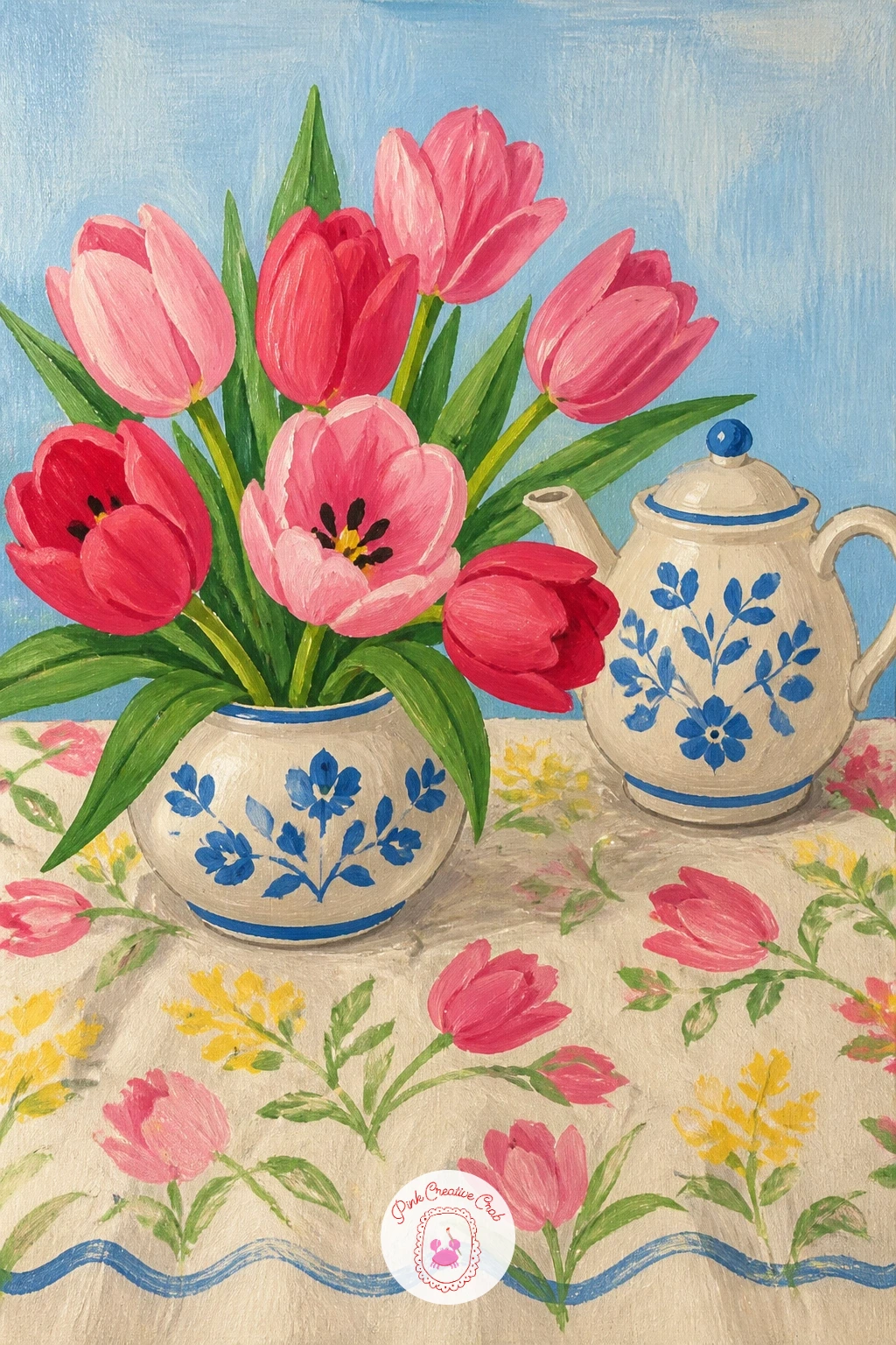 Tulips On A Tablecloth With A Teapot — Tulips on a tablecloth with a teapot builds a cozy still life around a patterned surface, which is a nice change of pace