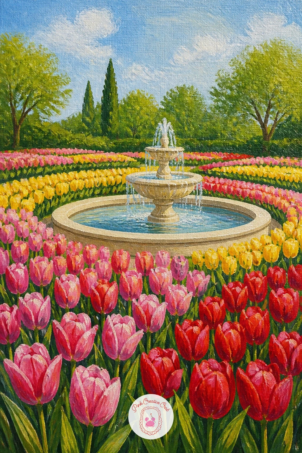 Tulip Garden With A Fountain — Tulip garden with a fountain adds a formal structure to the landscape genre, with beds of tulips arranged in neat rings or rows