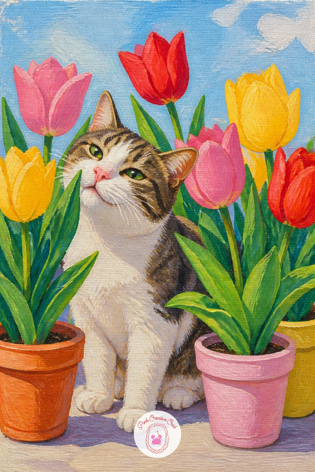 Cat Among Potted Tulips — Cat among potted tulips brings in a pet for a bit of personality, sitting or weaving between a few pots rather than posed stiffly in