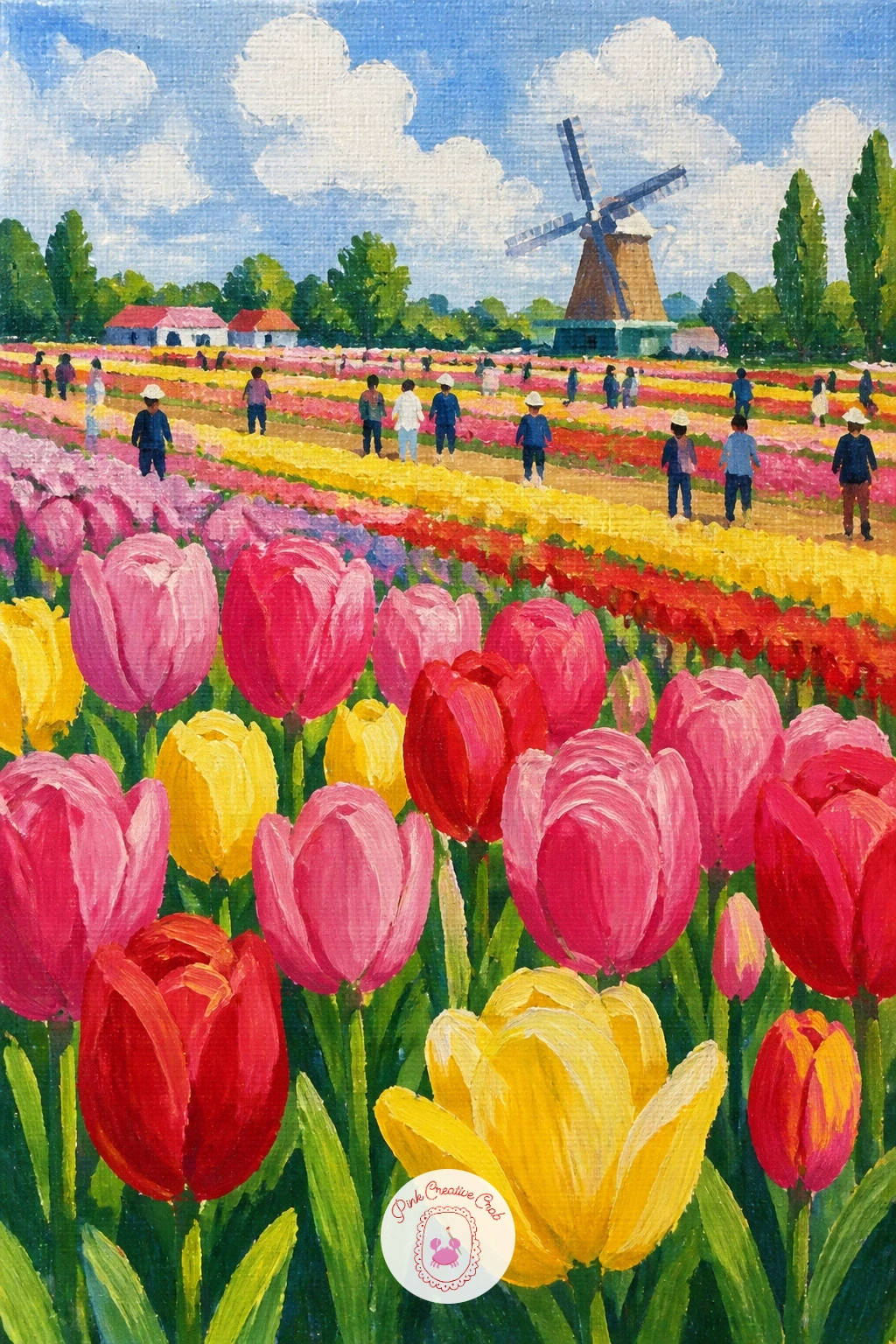 Tulip Festival Crowd — Tulip festival crowd is the busiest scene on this list, so the real skill is keeping it simple rather than painting every visitor in