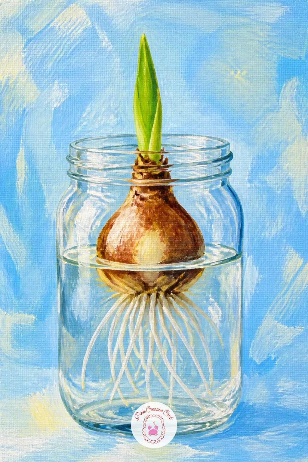 Tulip Bulb Sprouting In A Jar — Tulip bulb sprouting in a jar shows the plant at its very start, which makes for a sweet, unusual still life after so many full
