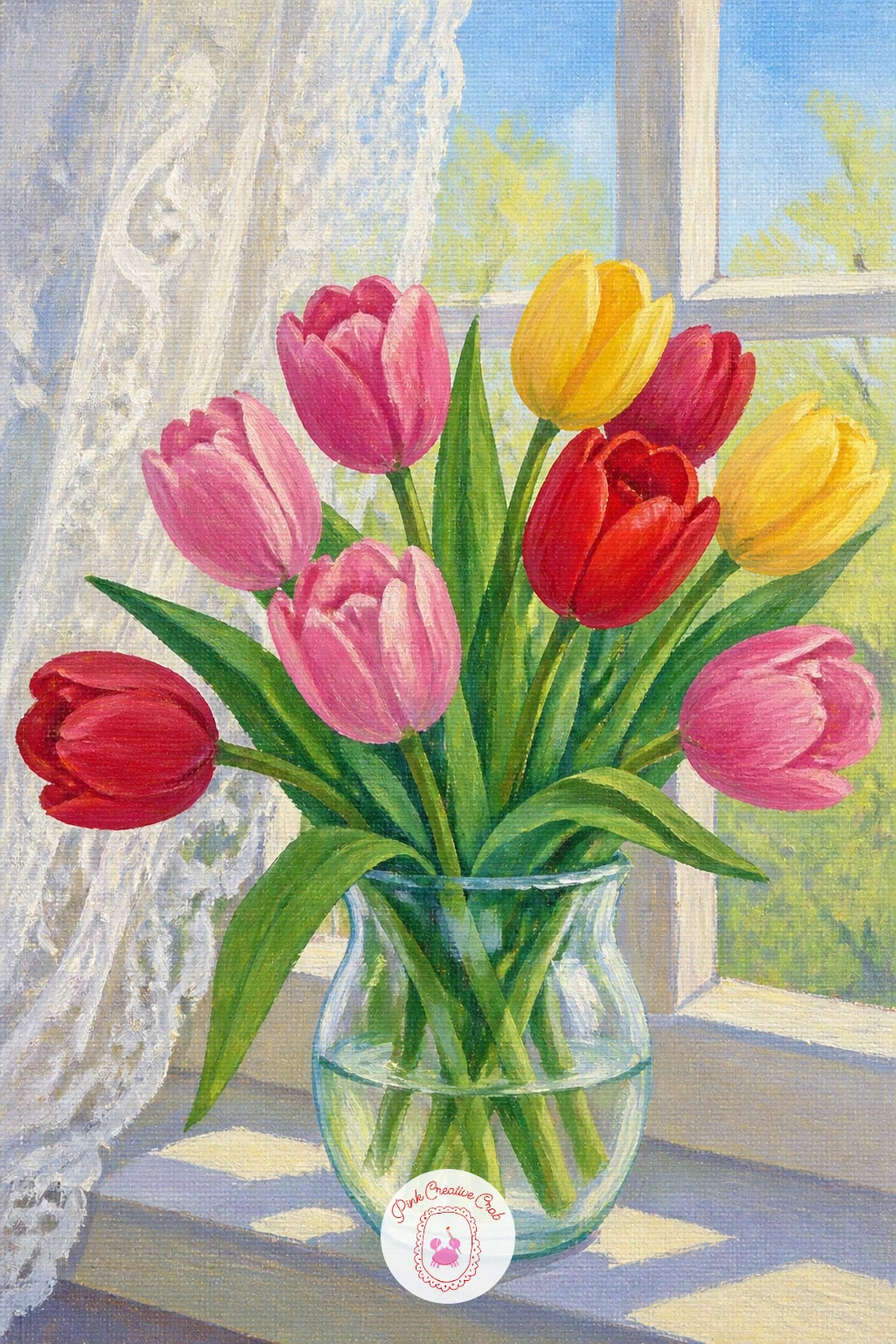 Tulips On A Windowsill With Lace Curtains — Tulips on a windowsill with lace curtains brings a soft cottage charm into this list, mixing hard glass and stone