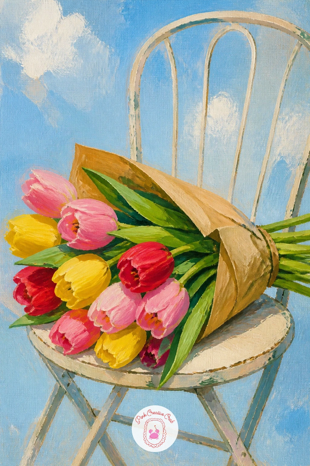 Tulip Bouquet On A Cafe Chair — Tulip bouquet on a cafe chair is a lovely candid composition, as though someone set their flowers down for just a moment. Tulip