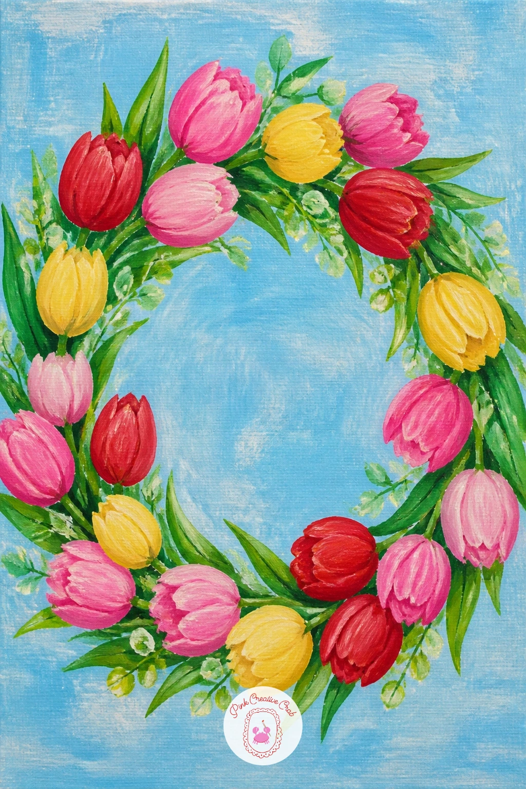 Tulip Wreath — Tulip wreath makes a lovely decorative close to the arrangement subjects, built as a full ring rather than an upright bouquet. Tulip painting