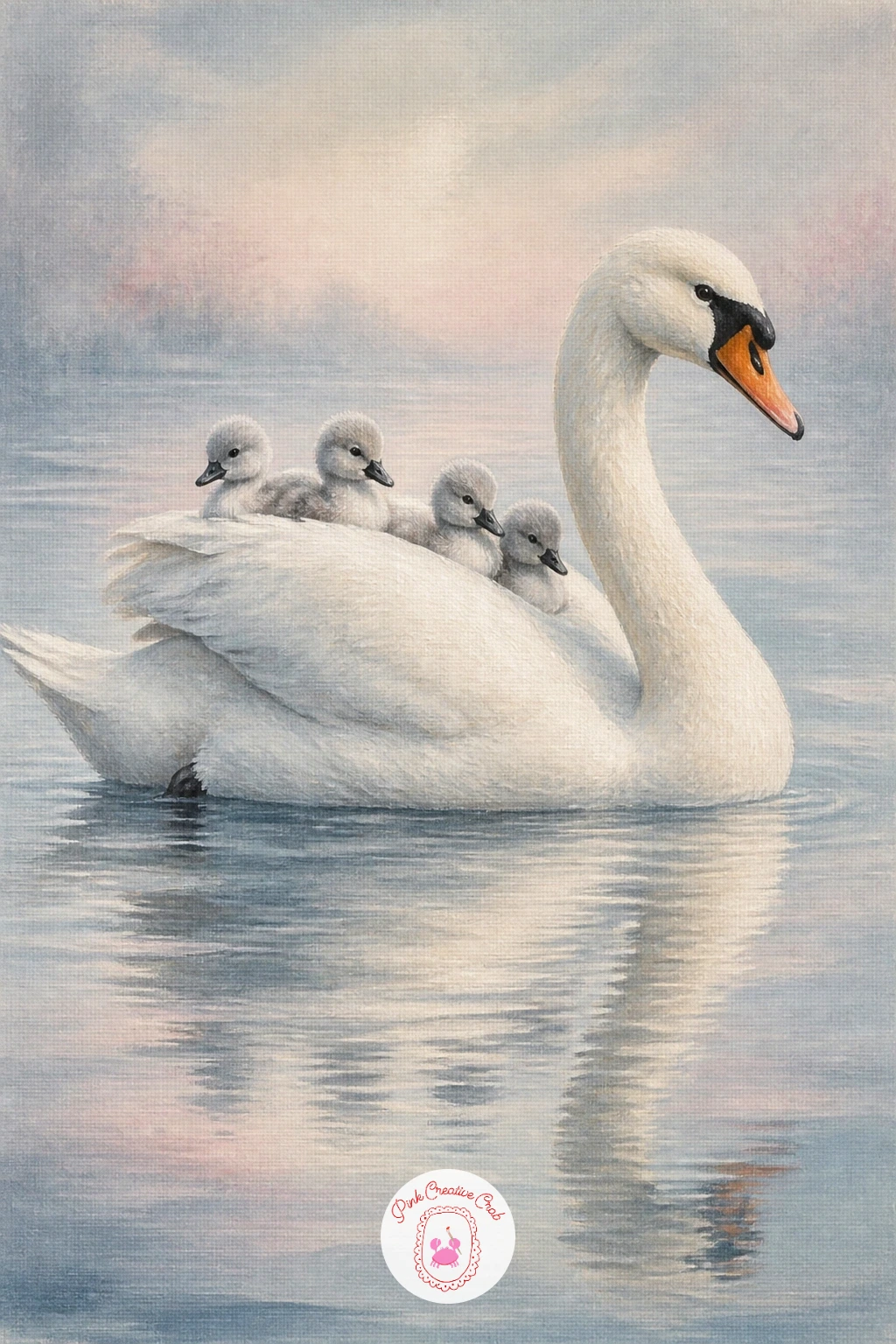 Mother Swan Carrying Cygnets — Family moments give these paintings warmth, and a mother swan carrying cygnets on her back is one of the most charming you can