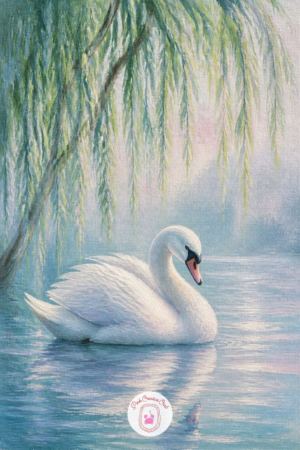 Swan Under a Weeping Willow — Move the scene toward landscape with a swan under a weeping willow, where the trailing branches frame the bird instead of