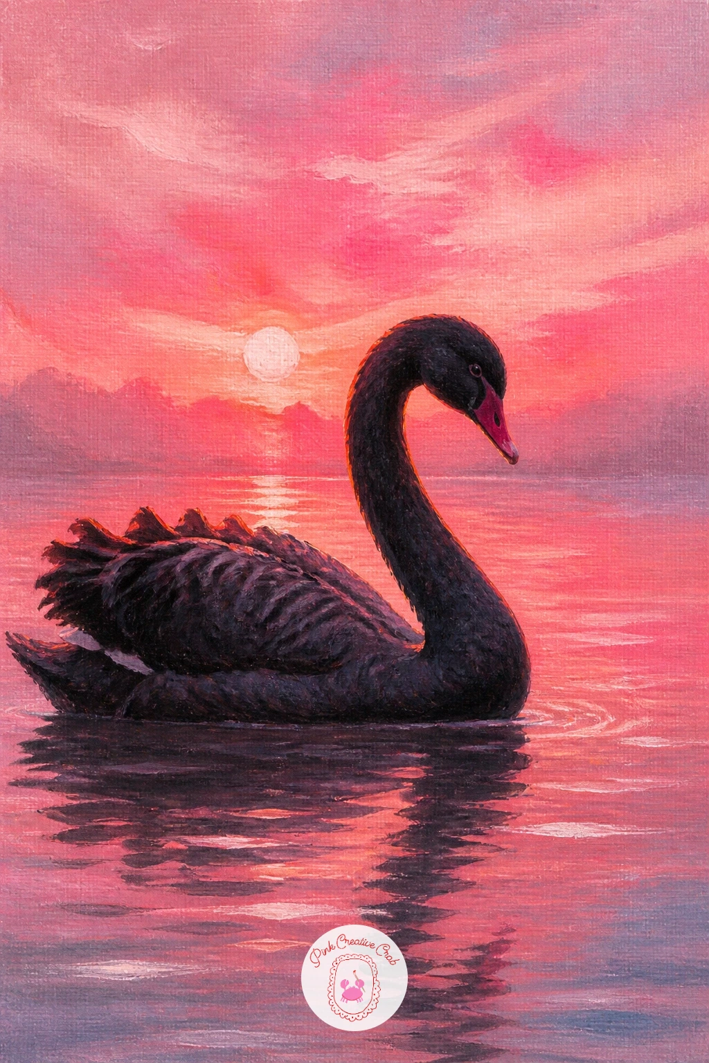 Black Swan in a Pink Sunset — For real drama, a black swan in a pink sunset reflection gives you the strongest contrast in the whole series. Swan painting