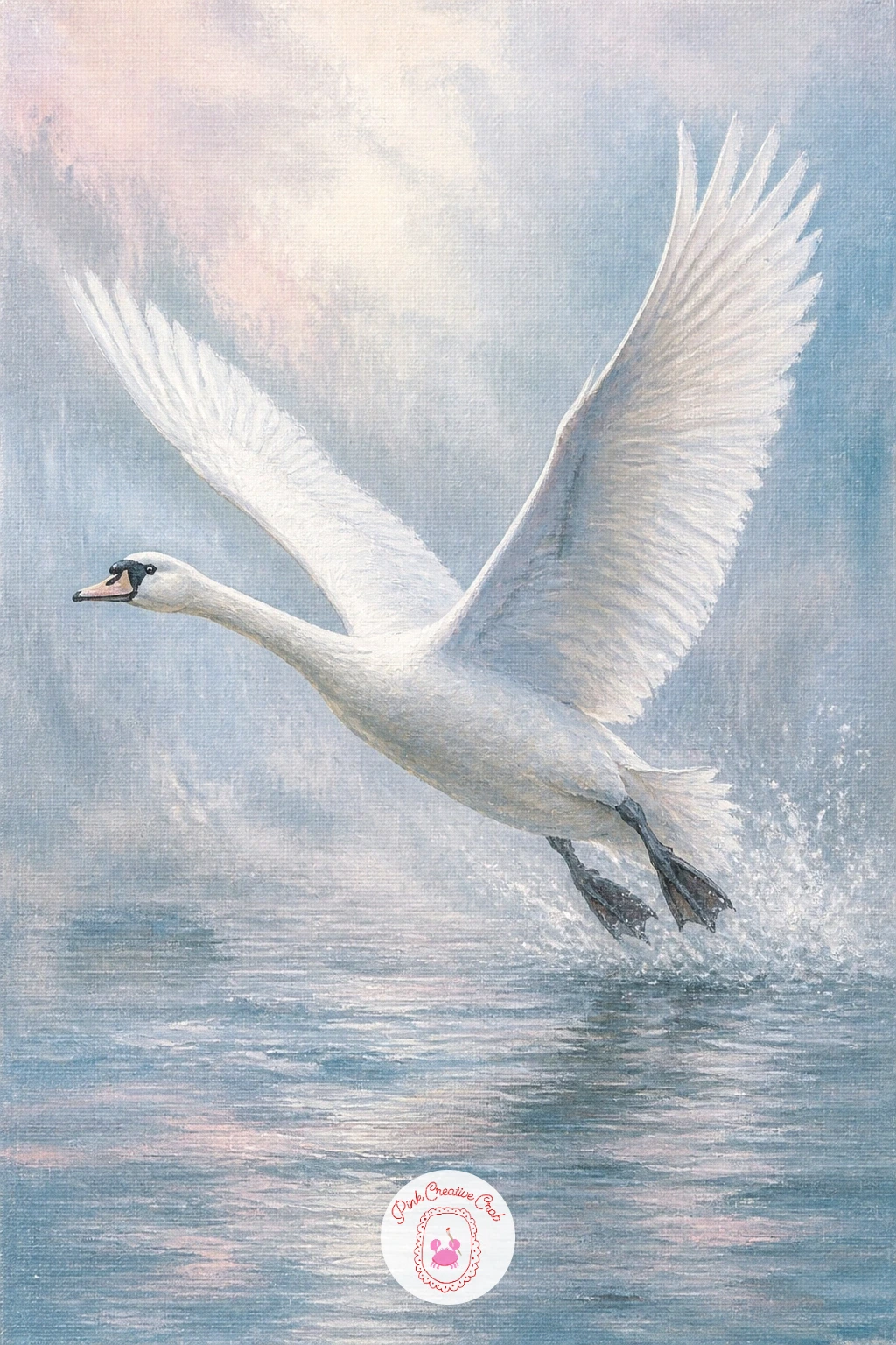 Swan Taking Flight — Bring in some motion with a swan taking flight from the water, wings spread wide and feet still trailing through spray. Swan painting
