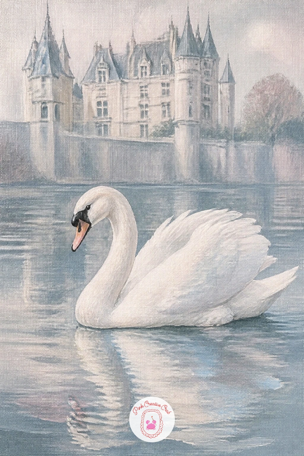 Swan in a Chateau Moat — Give the scene some architecture with a swan in a chateau moat, stone walls rising softly behind the water. Swan painting