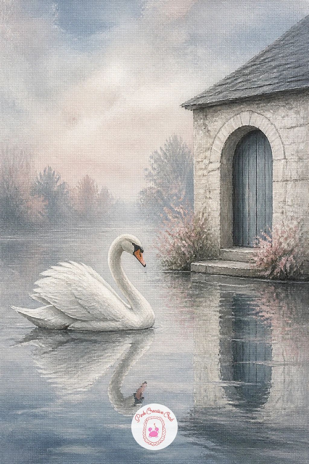 Swan Beside a Stone Boathouse — Keep the architectural mood going with a swan beside a stone boathouse, its arched doorway reflected in still water. Swan