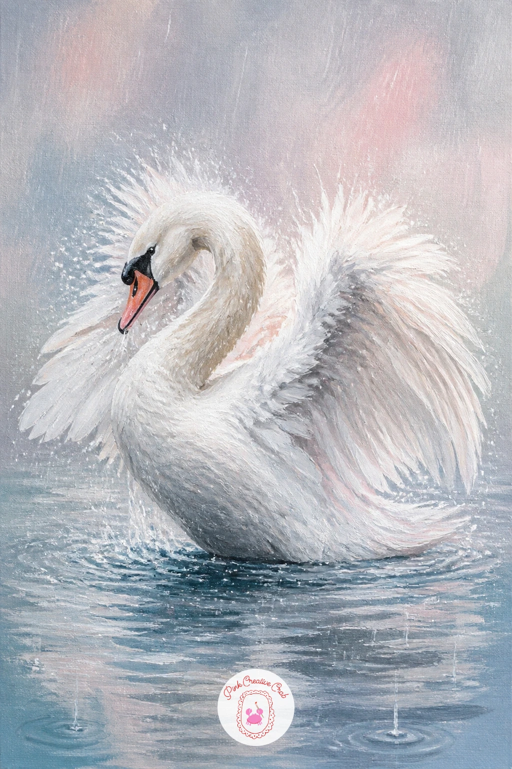 Swan Ruffling Its Feathers in the Rain — Texture takes the lead with a swan ruffling its feathers in the rain, wings half lifted and water rings spreading