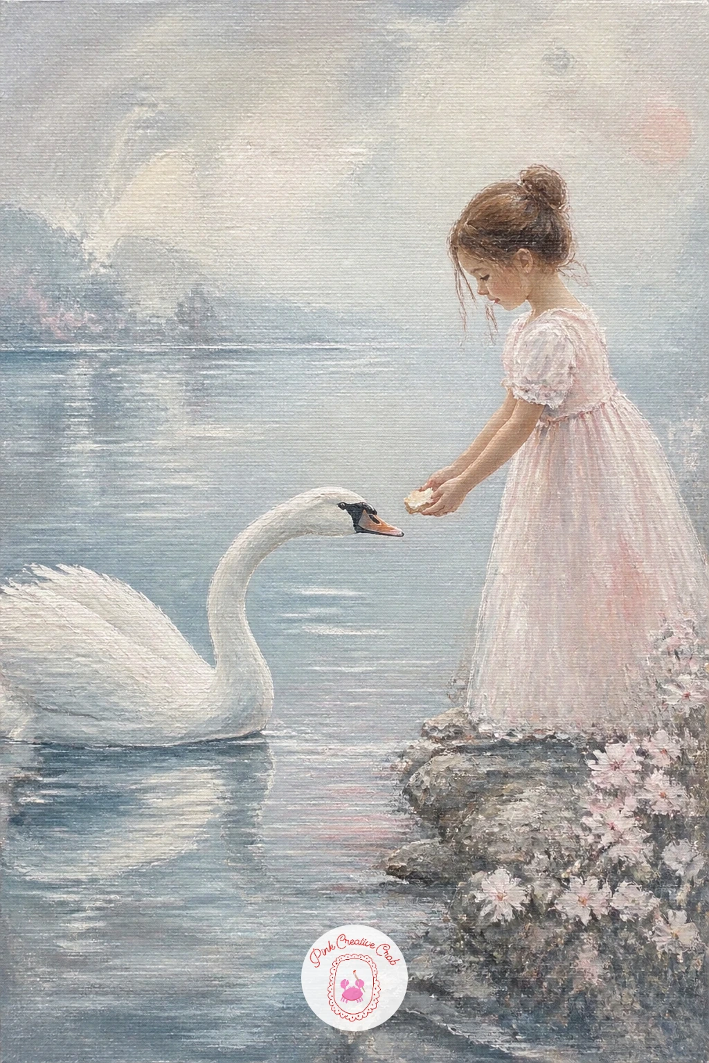 Swan Stretching Toward a Girl — Add a human touch with a swan stretching toward a girl offering bread, a gentle narrative moment rather than a single still