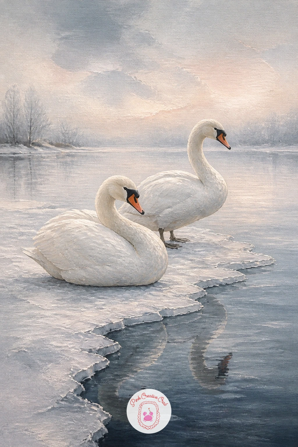 Swans at the Edge of a Frozen Lake — Shift into winter with swans at the edge of a frozen lake, open water meeting a pale icy shelf. Swan painting