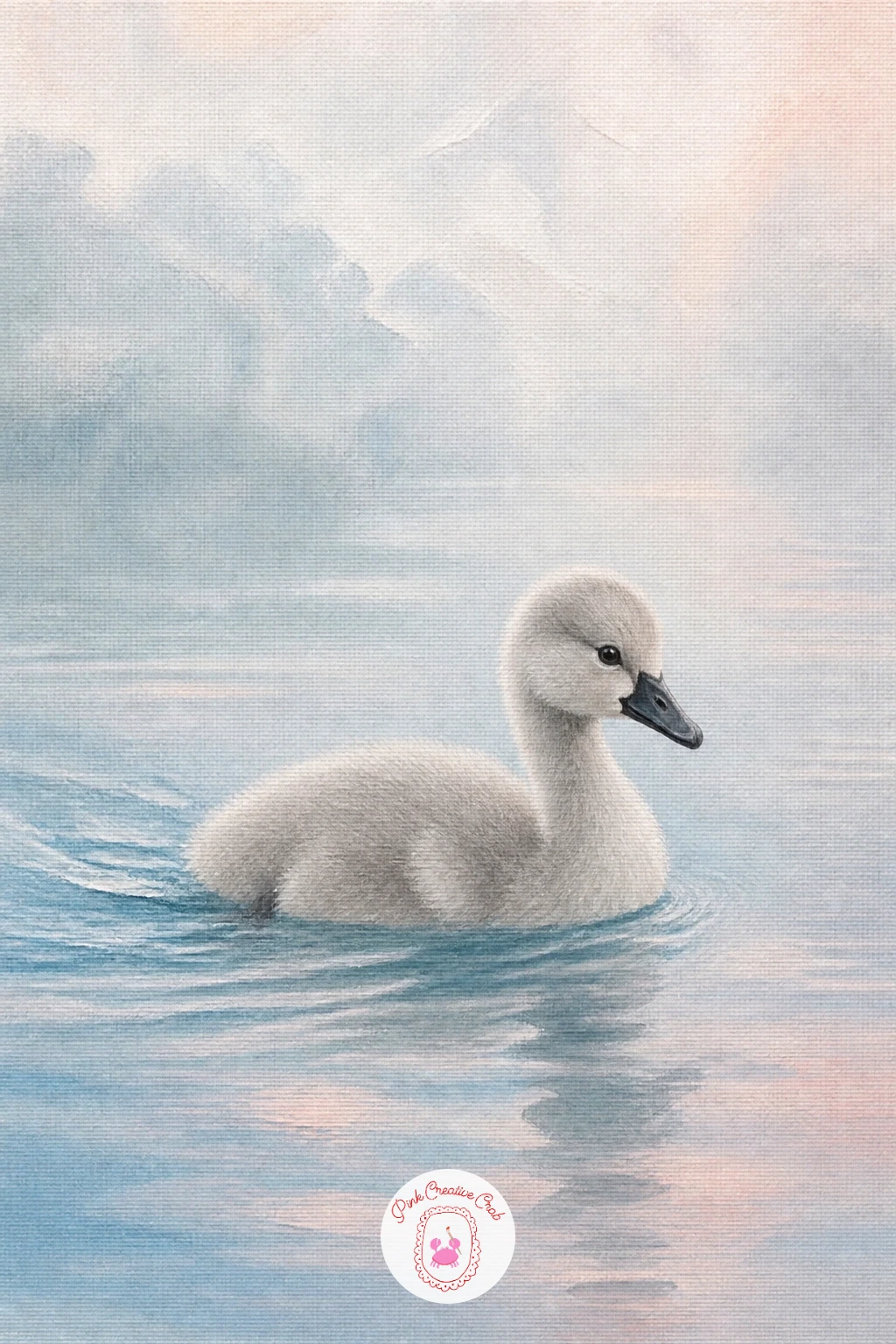 Cygnet Learning to Swim — Zoom in close with a cygnet learning to swim, a single small grey bird paddling alone on open water. Swan painting