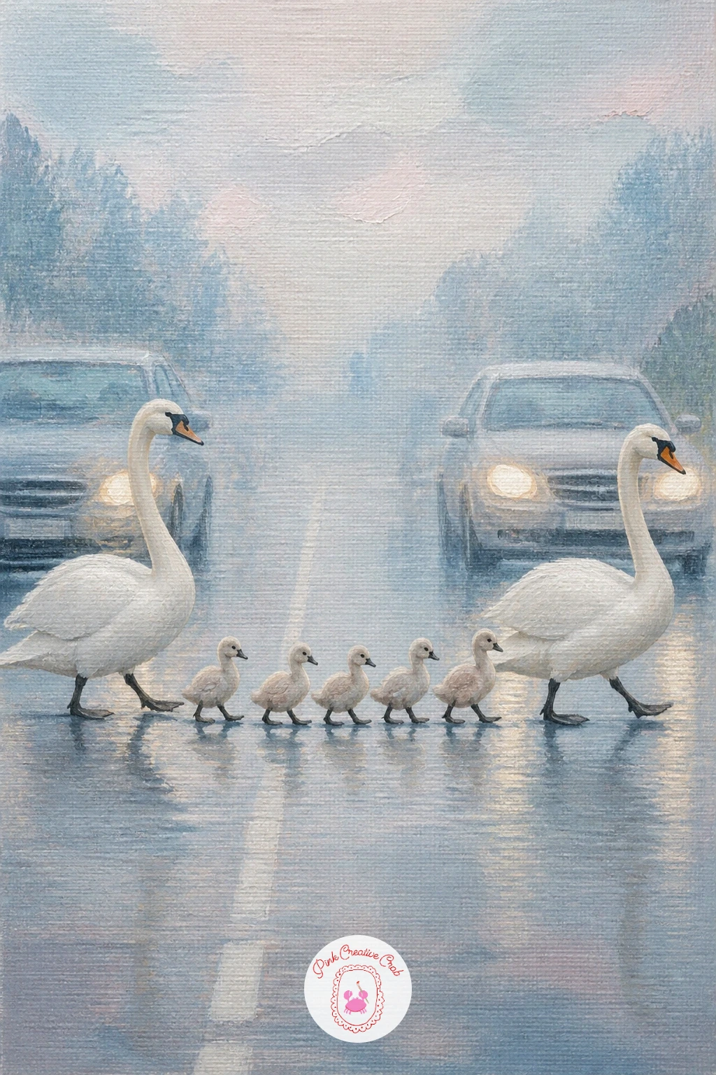 Swan Family Stopping Traffic — Bring in a little humour with a swan family stopping traffic as they cross a road, parents and cygnets waddling in a line