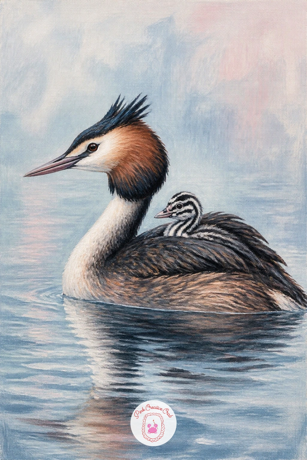 Great Crested Grebe with a Chick — Following the heron's stillness, try a great crested grebe with a chick on its back, a species known for its elegant head