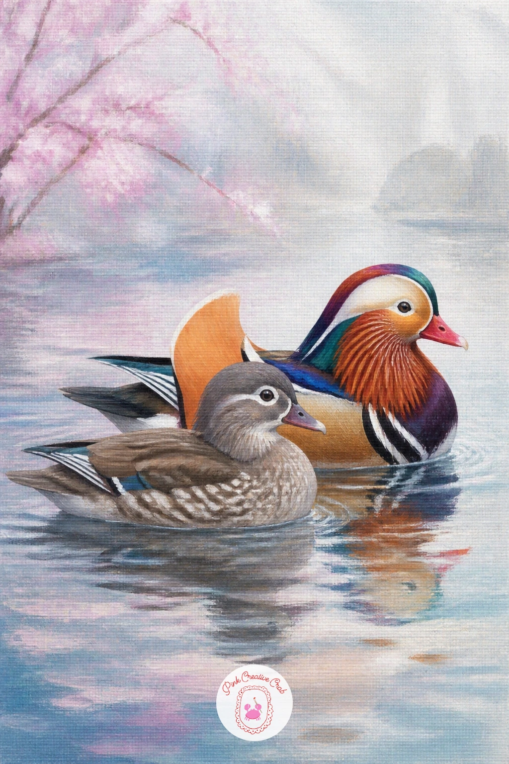 Pair of Mandarin Ducks on a Pond — Bring in colour with a pair of mandarin ducks on a pond, among the most richly patterned birds you can paint in this whole