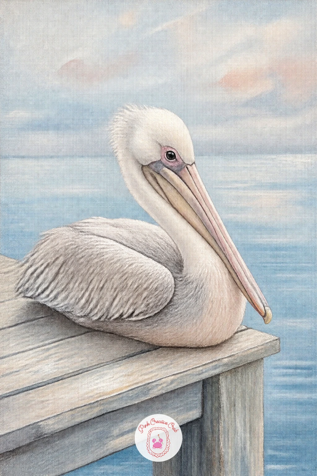 Pelican Resting on a Pier — Shift the scale up with a pelican resting on a pier, a bulkier, more sculptural bird than anything painted so far in this list.