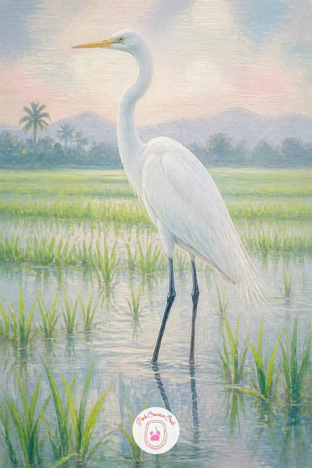 White Egret in a Rice Field — Change the setting entirely with a white egret in a rice field, standing tall among flooded green rows rather than open lake