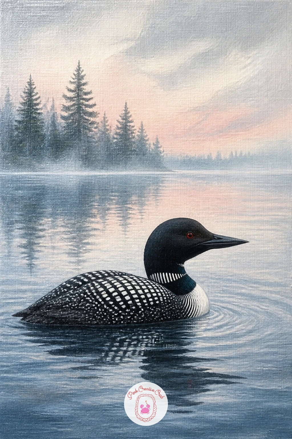 Loon on a Quiet Northern Lake — Settle into stillness with a loon on a quiet northern lake, its dark checkered back and striking red eye making it one of the