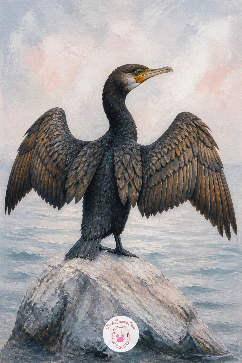 Cormorant Drying Its Wings — Bring in a dramatic pose with a cormorant drying its wings, held wide open in its signature stance on a rock or post. Swan painting