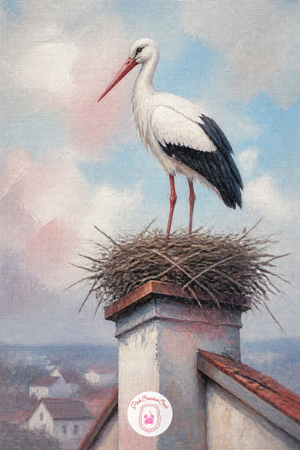 Stork on a Chimney Nest — Add a touch of old-world charm with a stork on a chimney nest, perched high above a rooftop in classic European style. Swan painting