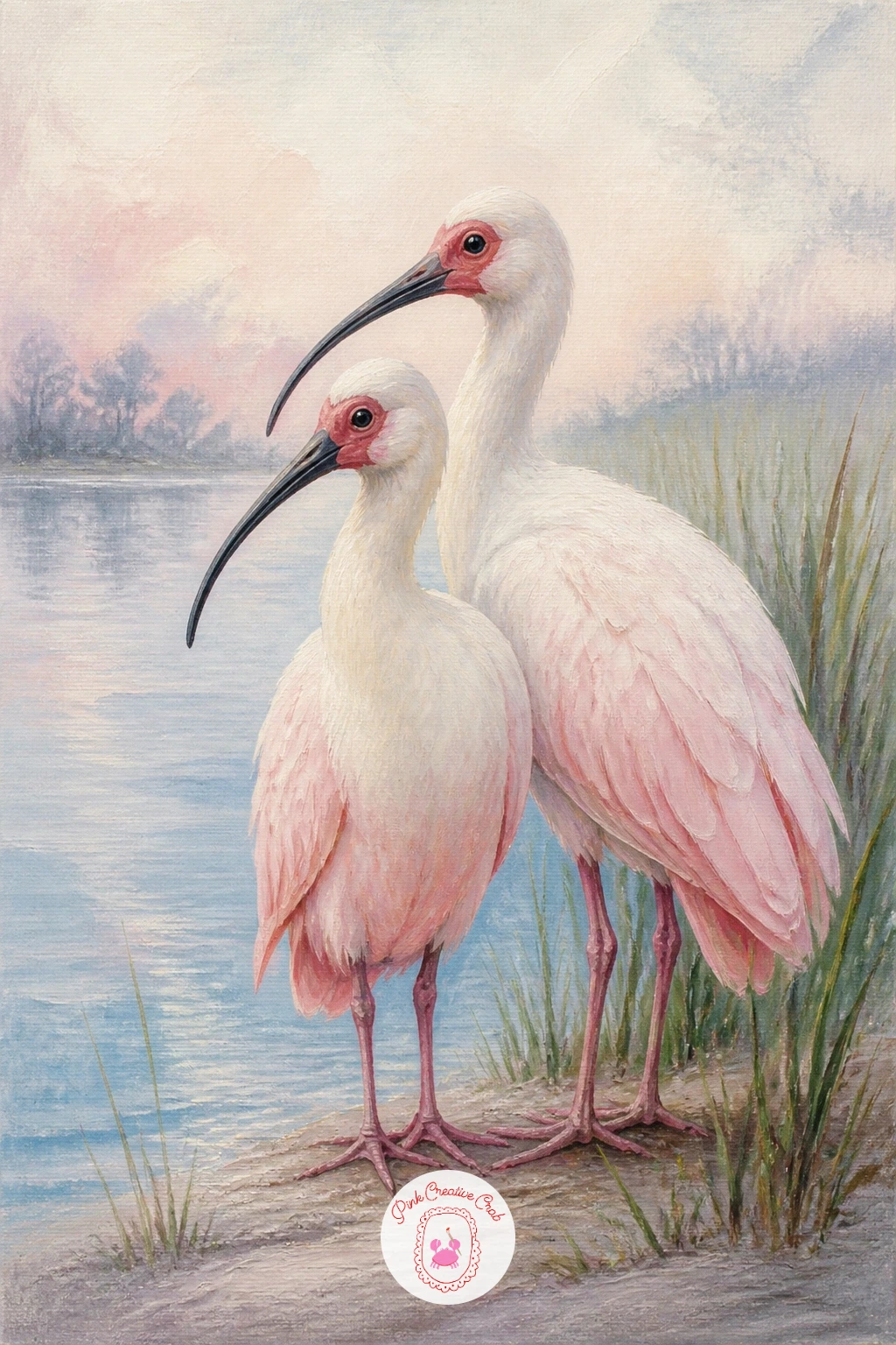 Pair of Ibis by a River — Return to a pair with a pair of ibis by a river, their curved beaks and warm tones giving a different silhouette from anything