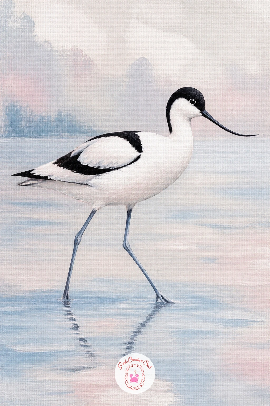 Avocet in Shallow Water — Move toward the shoreline with an avocet in shallow water, known for its elegant upturned beak and long blue-grey legs. Swan painting