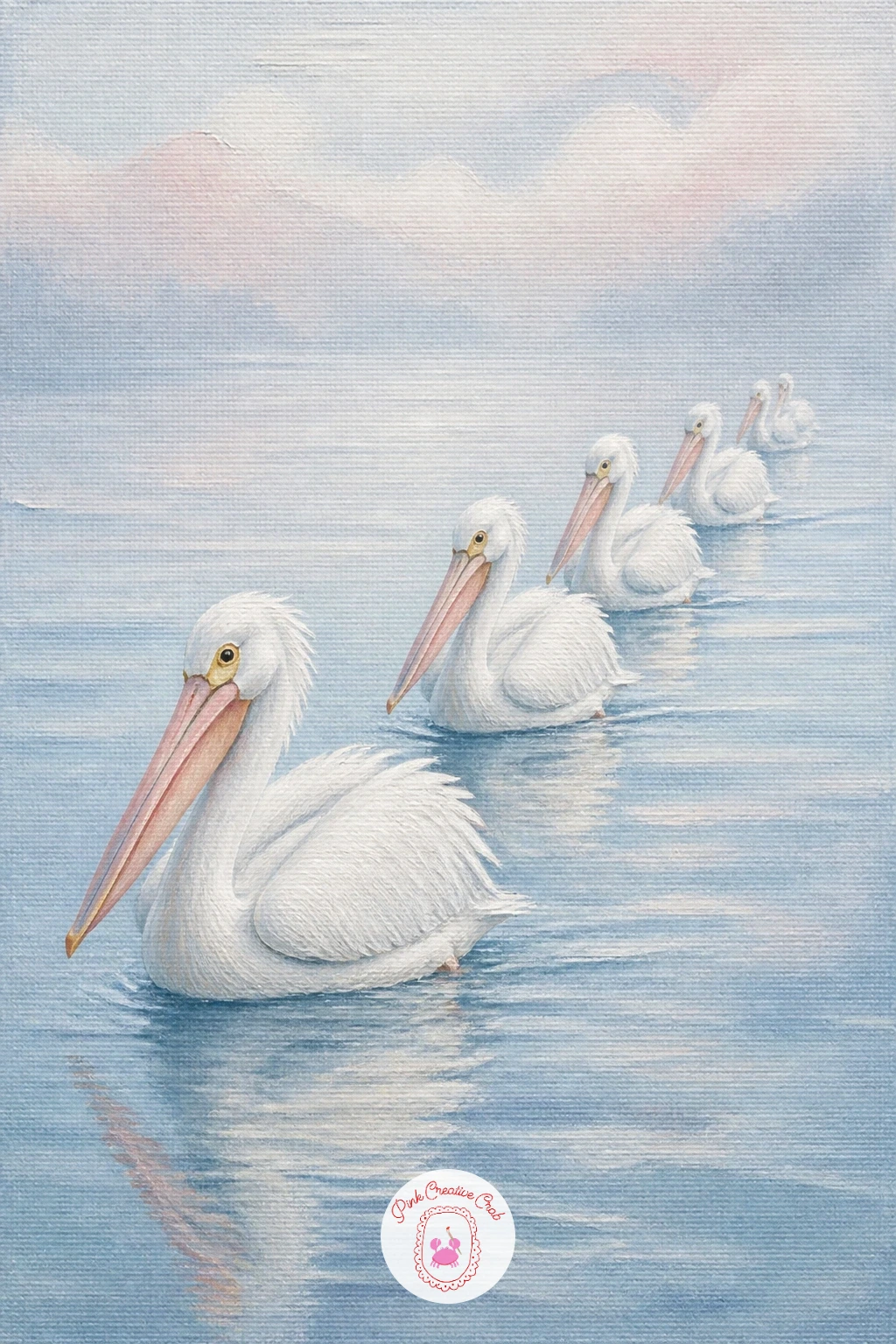 White Pelicans Swimming in a Line — Scale up to a group with white pelicans swimming in a line, several birds following in a loose formation across open water.