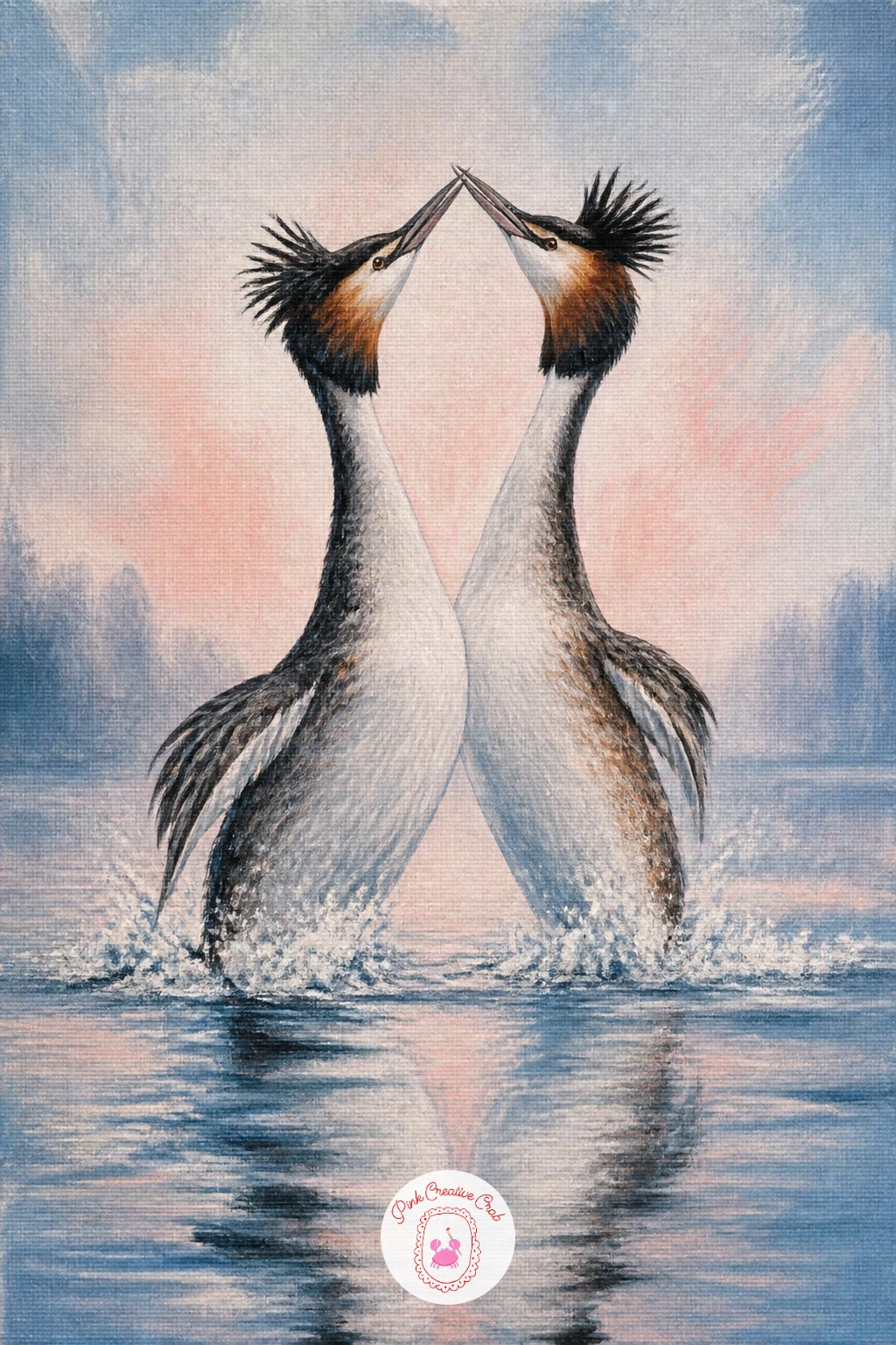 Two Grebes in a Courtship Dance — Close the series with two grebes in a courtship dance, mirrored and rising together in one of the most graceful displays on
