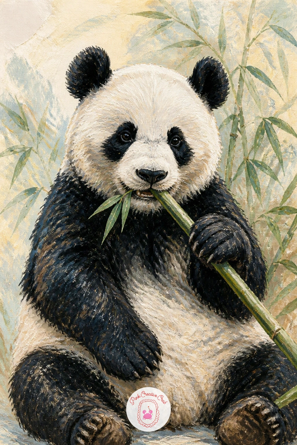 Panda Eating Bamboo — Move into black and white fur with a panda eating bamboo, held upright in both paws. Bear painting