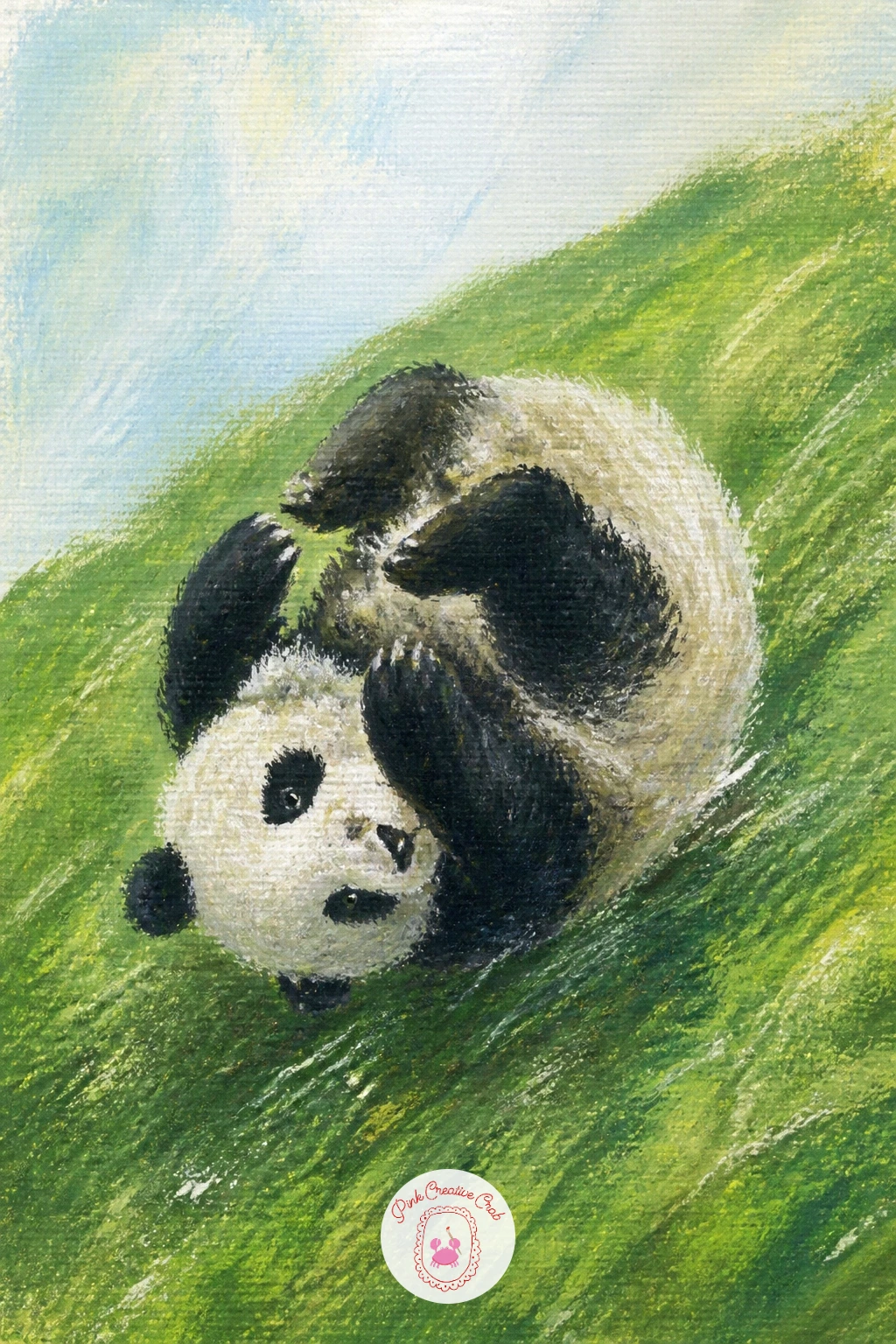Panda Tumbling Down a Grassy Hill — Keep the fun going with a panda tumbling down a grassy hill, mid-roll with legs and ears every which way. Bear painting