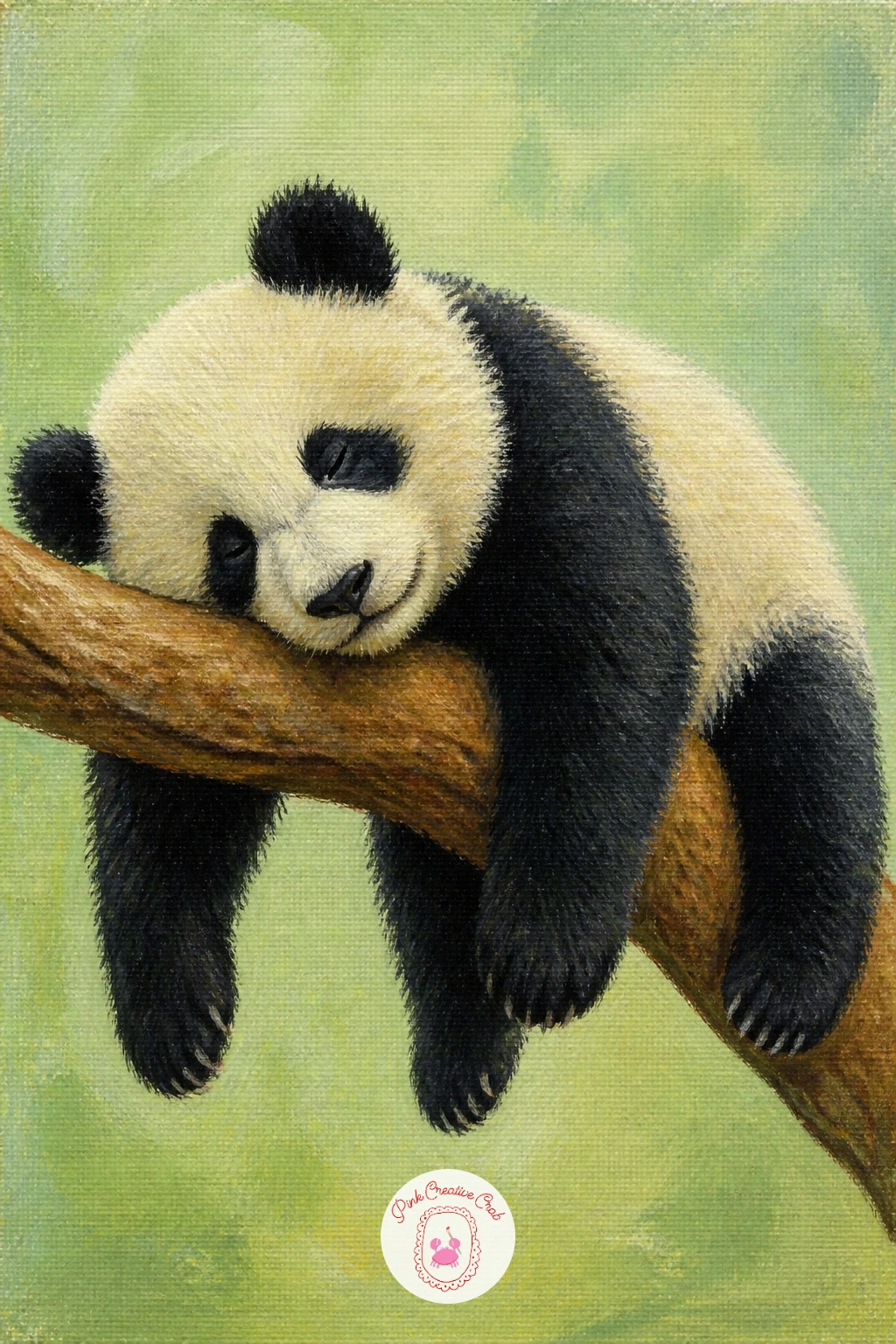 Panda Cub Asleep on a Branch — Slow the pace right down with a panda cub asleep, draped over a tree branch with limbs hanging loose. Bear painting