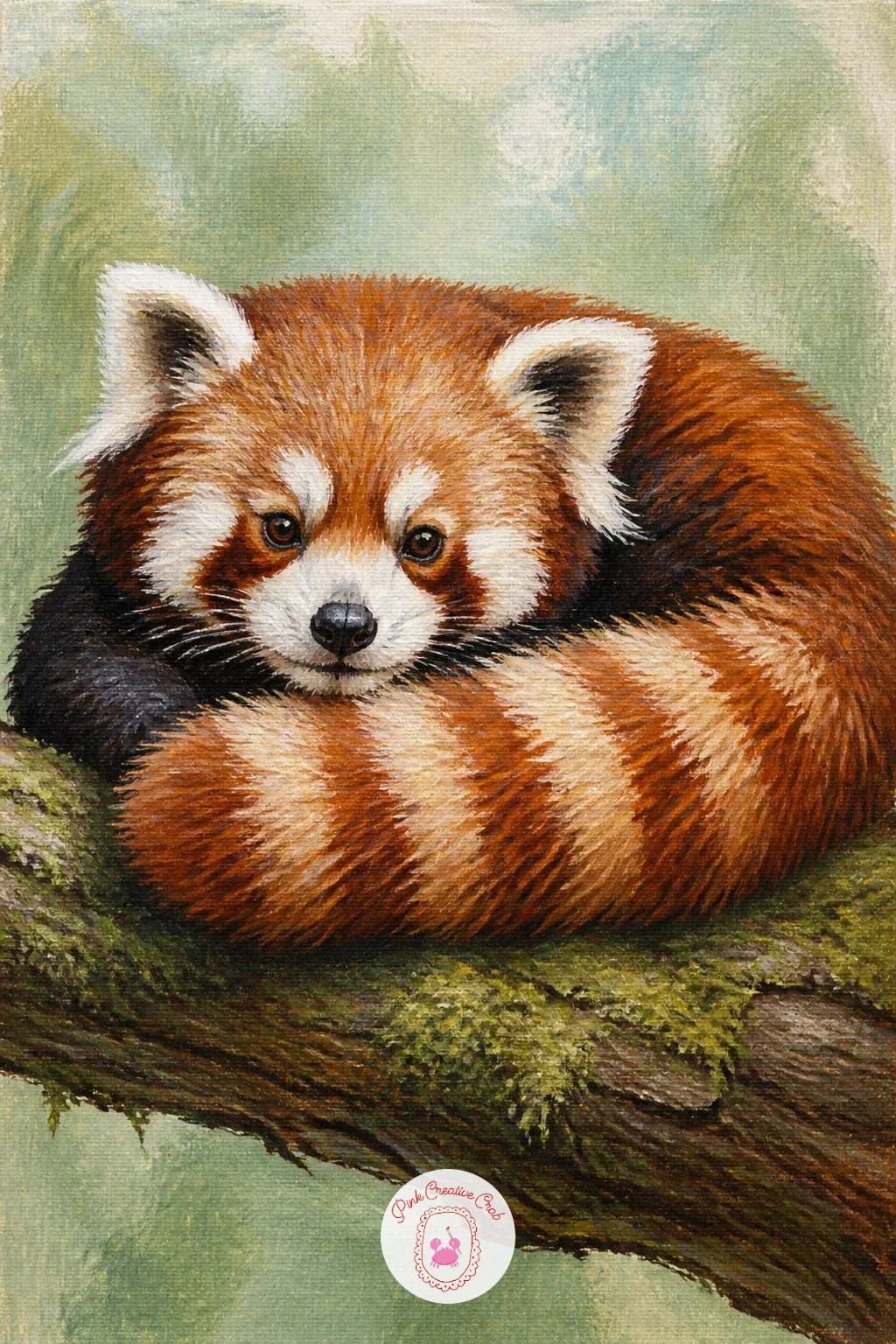 Red Panda on a Mossy Log — Bring in warm rust color with a red panda curled on a mossy log, tail wrapped around its body. Bear painting