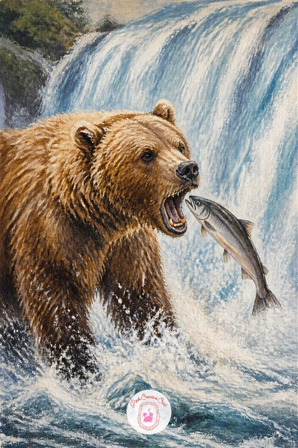 Brown Bear Catching Salmon at a Waterfall — Step up to a brown bear catching a salmon mid-leap at a waterfall, a classic wildlife moment worth the extra