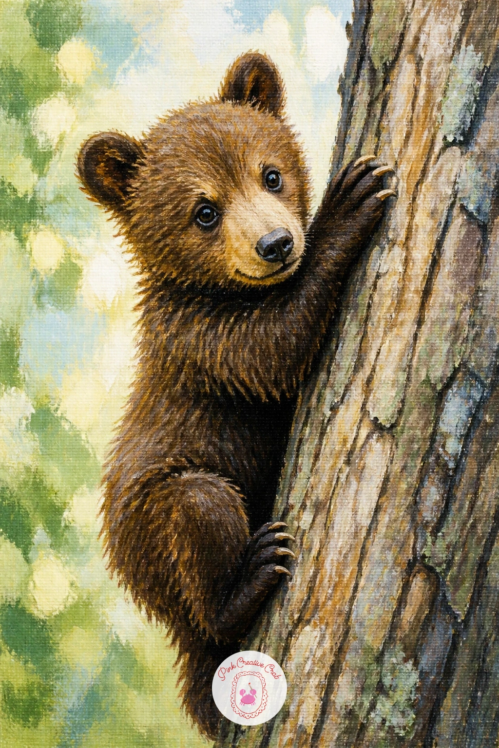 Bear Cub Climbing a Tree — Bring the energy down to one small animal again with a bear cub climbing a tree trunk, claws dug in and body stretched upward. Bear