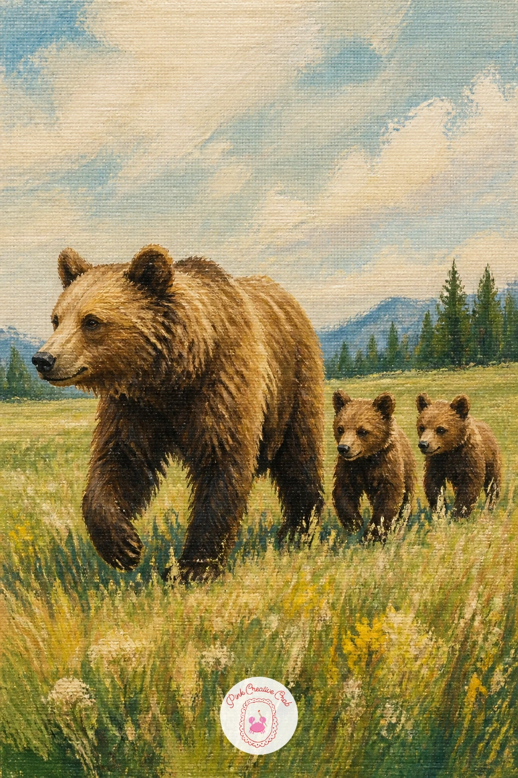 Mother Bear and Cubs Crossing a Meadow — Widen the scene with a mother bear and her cubs walking in a line across an open meadow. Bear painting