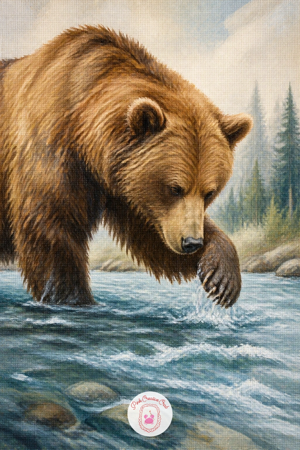 Bear Fishing in a River — Settle into a quieter moment with a bear standing in a river, paw poised over the water watching for fish. Bear painting