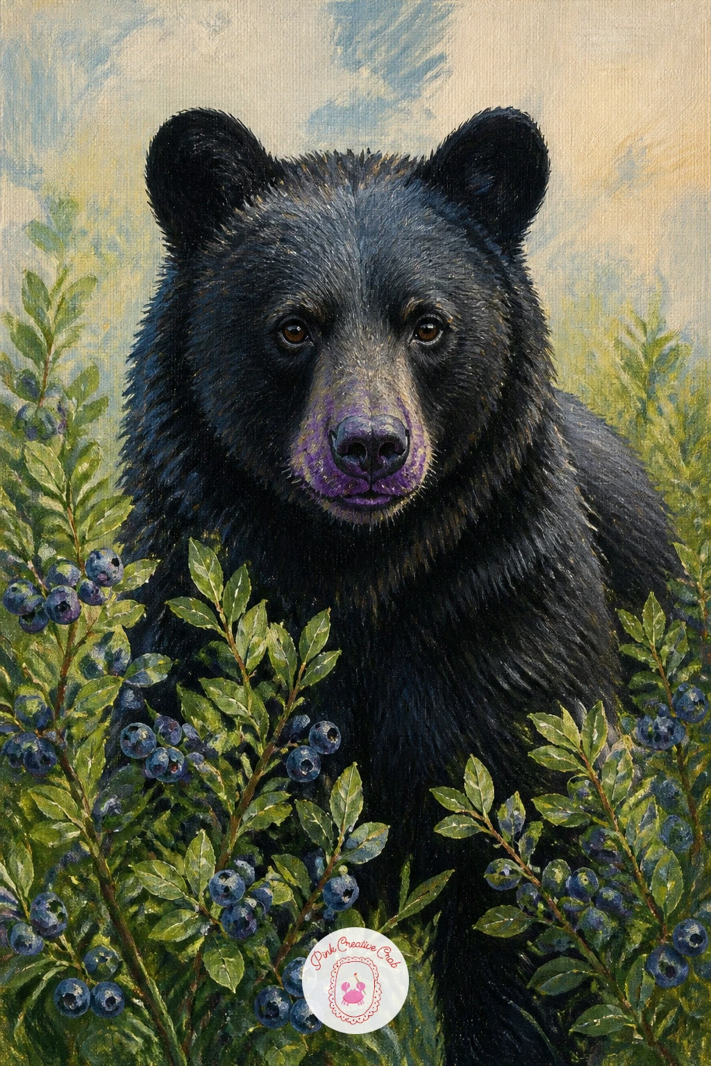 Black Bear in a Blueberry Patch — Add a pop of color with a black bear standing among blueberry bushes, muzzle stained purple from eating. Bear painting