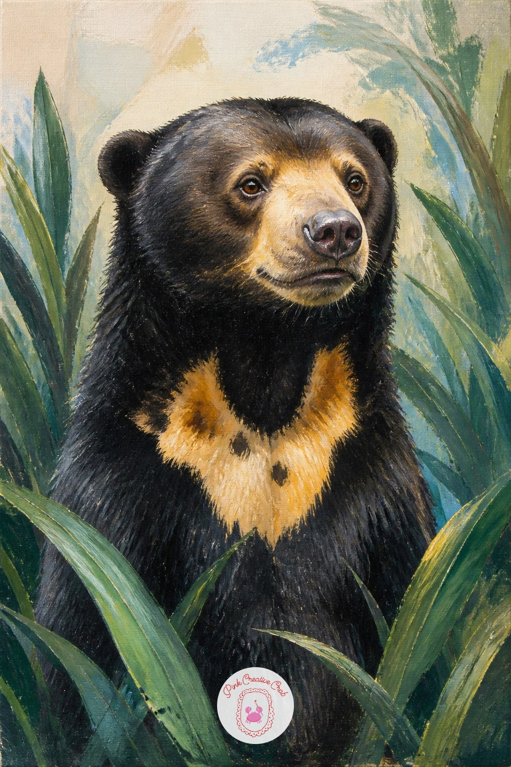 Sun Bear in the Jungle — Travel somewhere warmer with a sun bear, recognizable by the pale golden patch on its chest, standing among jungle leaves. Bear