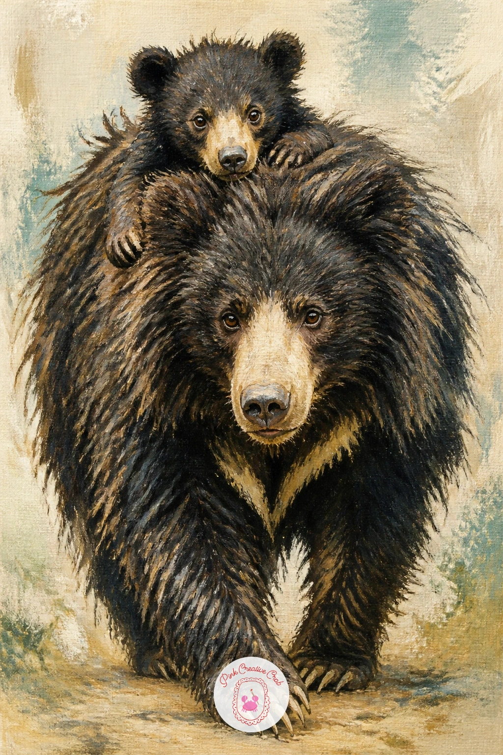 Sloth Bear With a Cub on Its Back — Move into a tender moment with a sloth bear carrying its cub piggyback through long shaggy fur. Bear painting