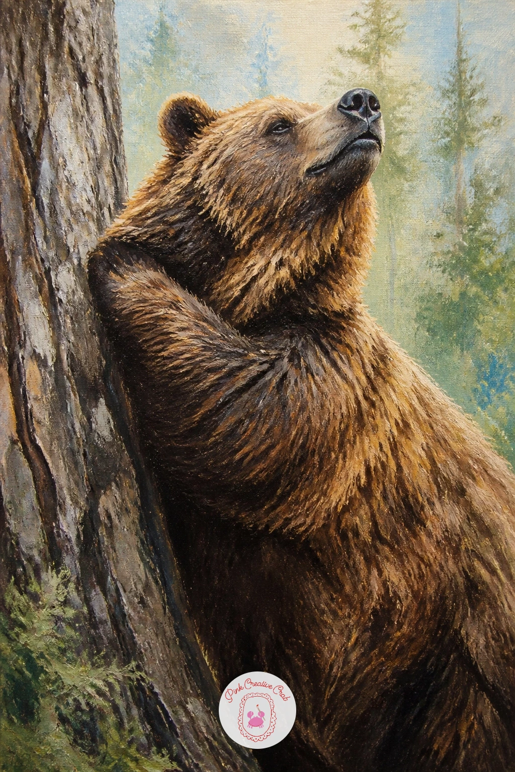 Grizzly Scratching Its Back on a Tree — Have some fun with a grizzly bear leaning back against a tree trunk to scratch, a pose full of character. Bear painting