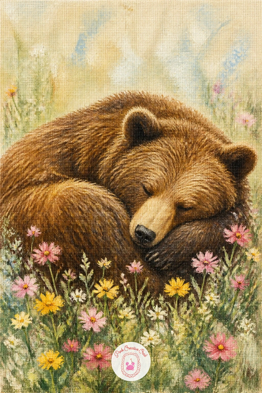 Bear Napping in Wildflowers — Slow right down again with a bear lying curled and napping in a patch of wildflowers. Bear painting
