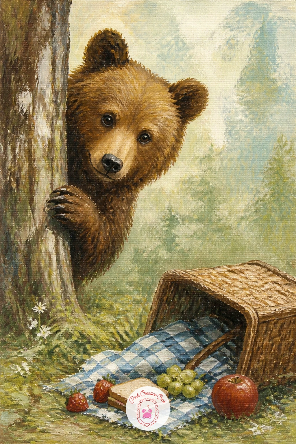 Bear Peeking at a Picnic Basket — Add some gentle humor with a bear peeking out from behind a tree at an abandoned picnic basket. Bear painting