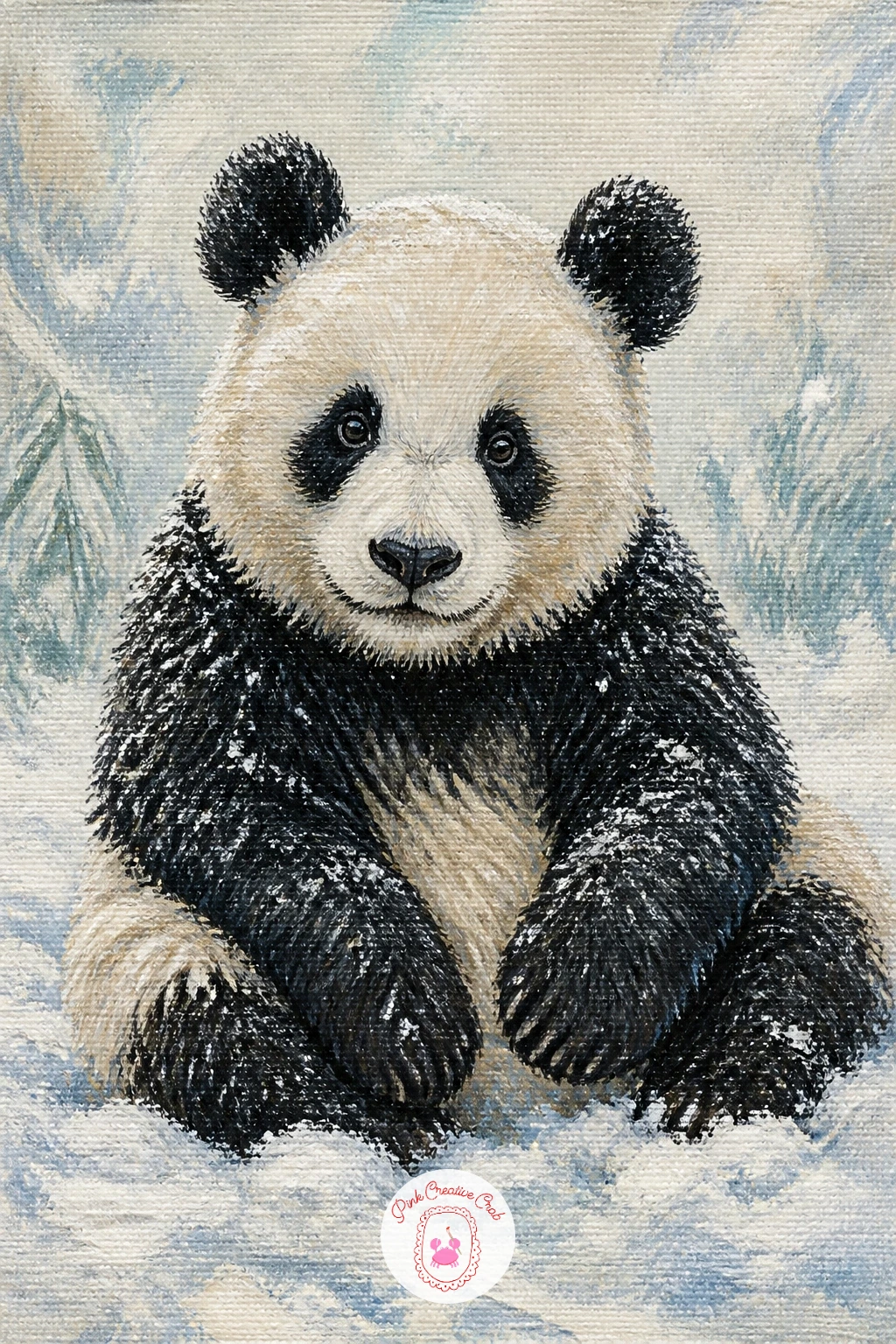 Panda in the Snow — Bring the panda back for a quieter winter scene, sitting in fresh snow with flakes caught in its fur. Bear painting
