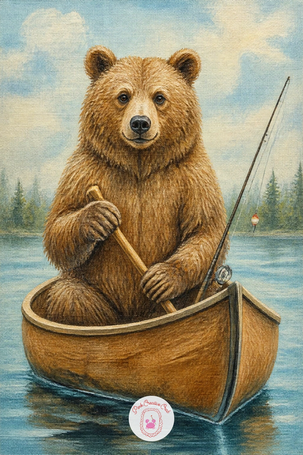 Bear Paddling a Canoe With a Fishing Rod — Have some fun with a bear sitting in a small canoe, paddle in one paw and a fishing rod propped beside it. Bear