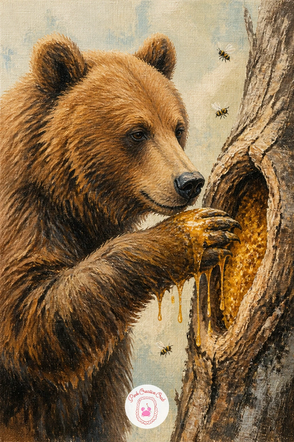 Bear Eating Honey From a Hive — Return to a classic moment with a bear reaching into a hollow log hive, paw dripping with honey. Bear painting
