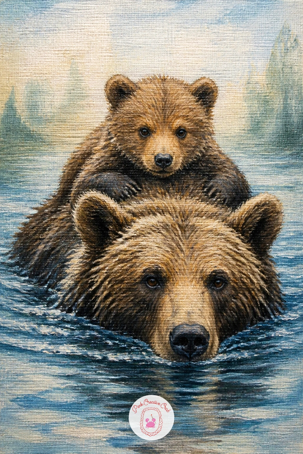 Bear Swimming With a Cub on Its Back — Go back to the water for a tender swimming scene, a bear paddling with its cub riding on its back to stay dry. Bear