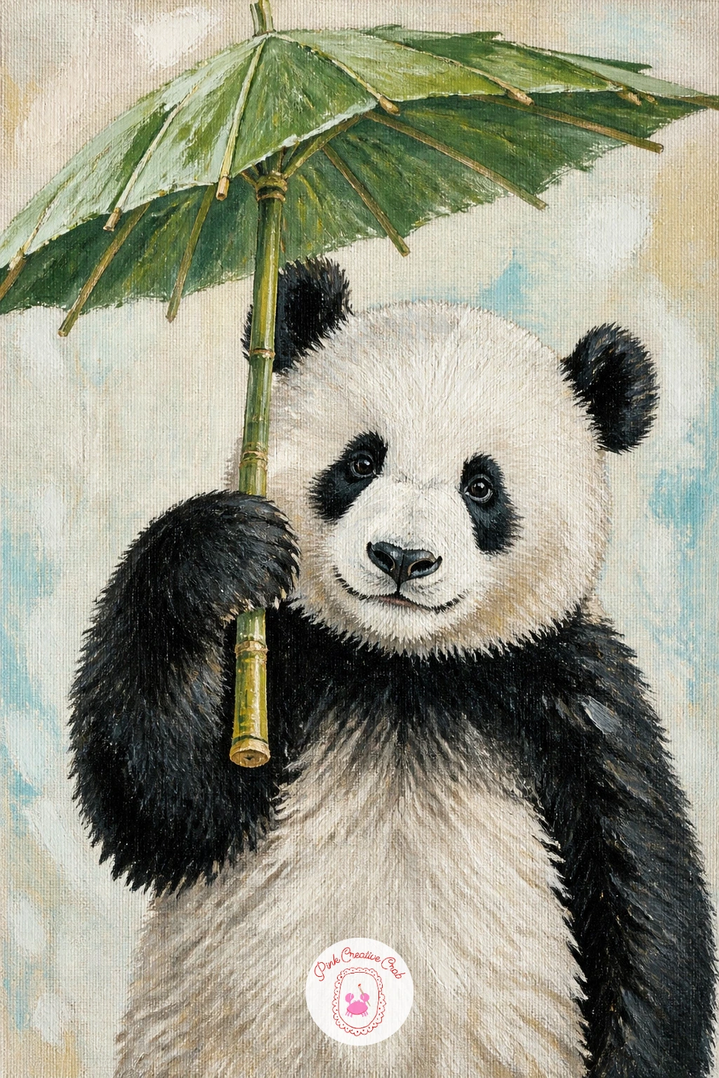 Panda Holding a Bamboo Umbrella — Take the panda somewhere whimsical with one holding an open bamboo and leaf umbrella overhead. Bear painting
