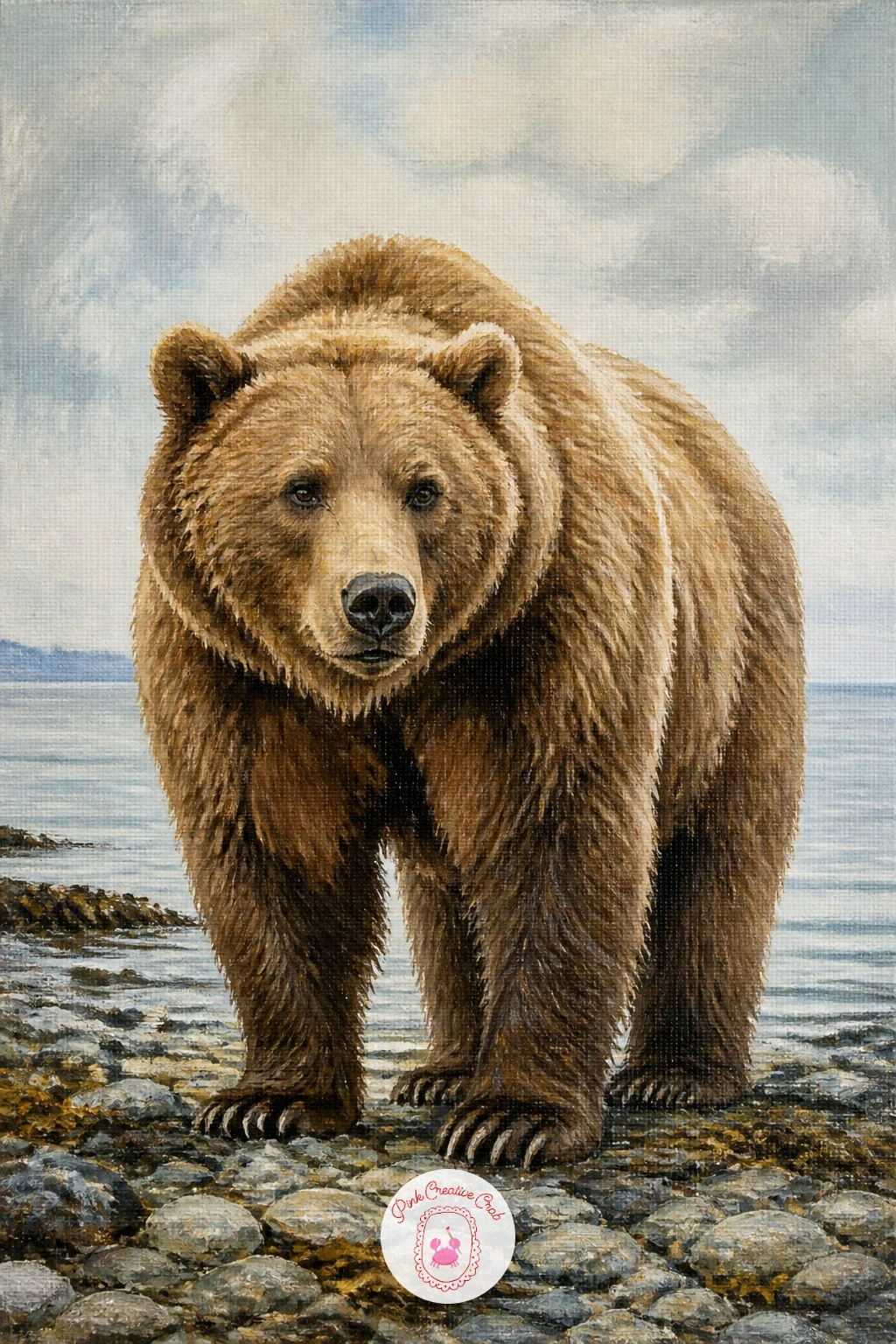 Kodiak Bear on a Beach — Bring a coastal setting in with a Kodiak bear, one of the largest brown bears, walking along a rocky beach. Bear painting